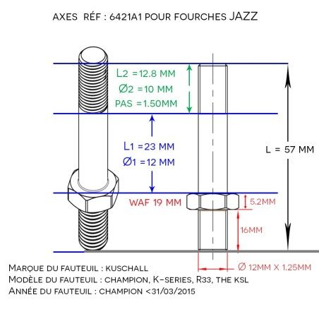 Axe de fourche pour fauteuil roulant JAZZ Ø 12 mm